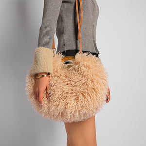mongolian fur handbag luxury shaggy purse for women in khaki 1 Alicefurs