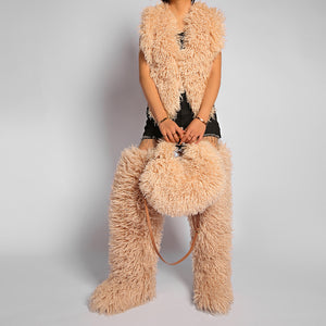 mongolian fur handbag luxury shaggy purse for women in khaki 2 Alicefurs