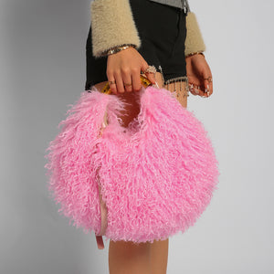 mongolian fur handbag luxury shaggy purse for women in pink 1 Alicefurs