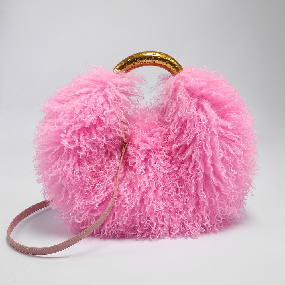 Mongolian Fur Handbag Luxury Shaggy Purse for Women