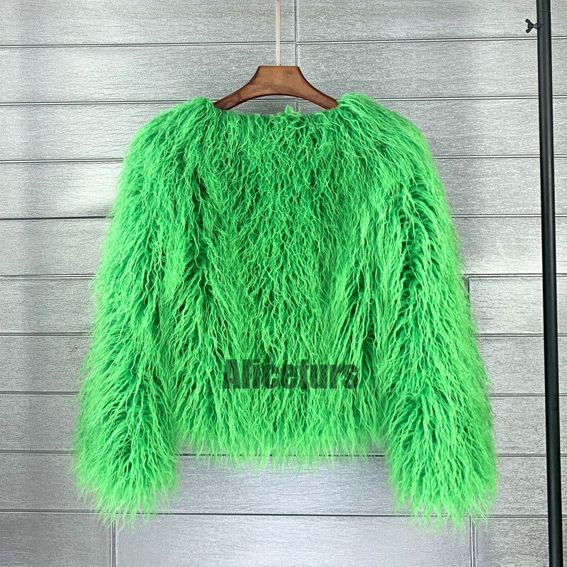 Mongolian Fur Jacket Curly Short Furry Outerwear for Women