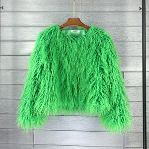 mongolian fur jacket curly short furry outerwear for women in green Alicefurs