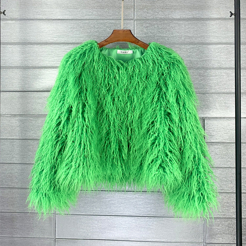 Mongolian Fur Jacket Curly Short Furry Outerwear for Women