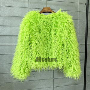 mongolian fur jacket curly short furry outerwear for women in lime green 1 Alicefurs