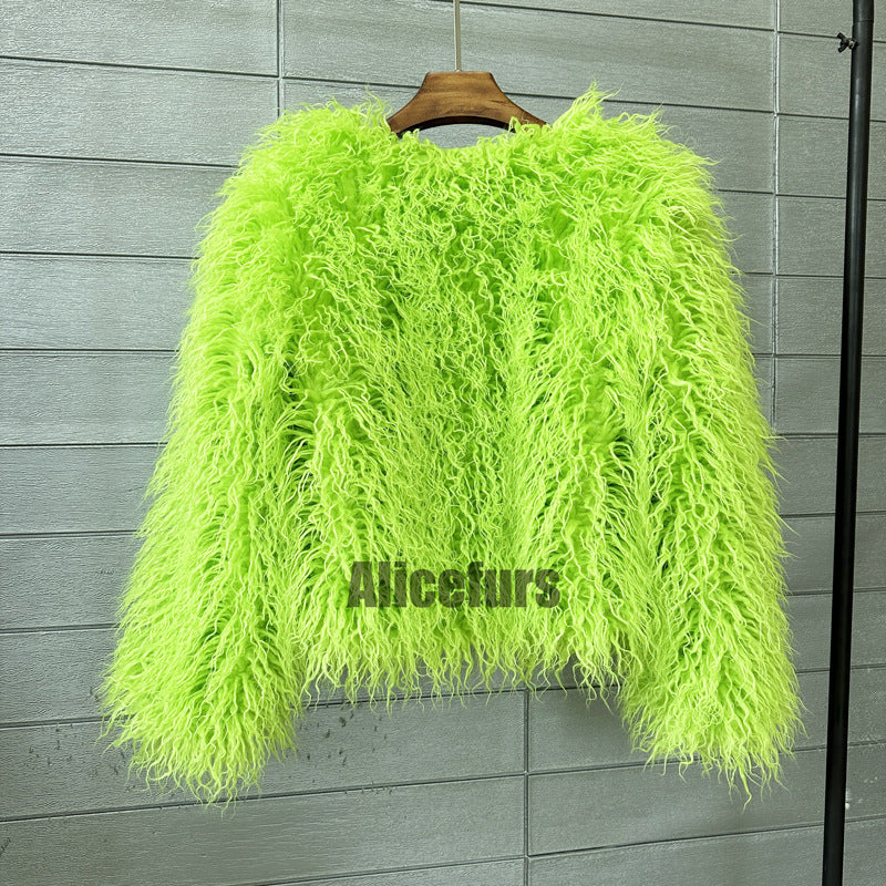 Mongolian Fur Jacket Curly Short Furry Outerwear for Women