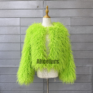 mongolian fur jacket curly short furry outerwear for women in lime green 3 Alicefurs