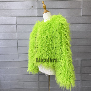 mongolian fur jacket curly short furry outerwear for women in lime green 4 Alicefurs