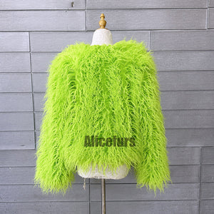 mongolian fur jacket curly short furry outerwear for women in lime green 5 Alicefurs