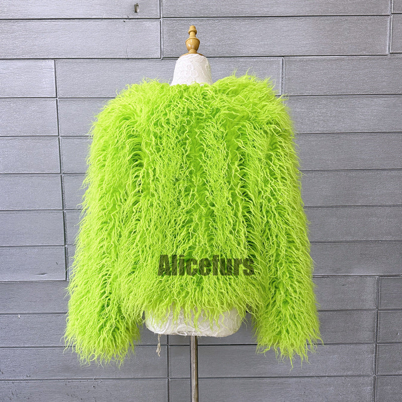 Mongolian Fur Jacket Curly Short Furry Outerwear for Women