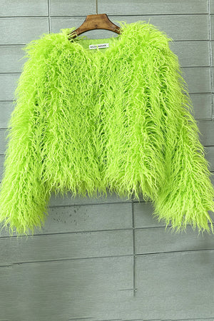 mongolian fur jacket curly short furry outerwear for women in lime green 6 Alicefurs