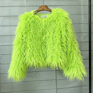 mongolian fur jacket curly short furry outerwear for women in lime green Alicefurs