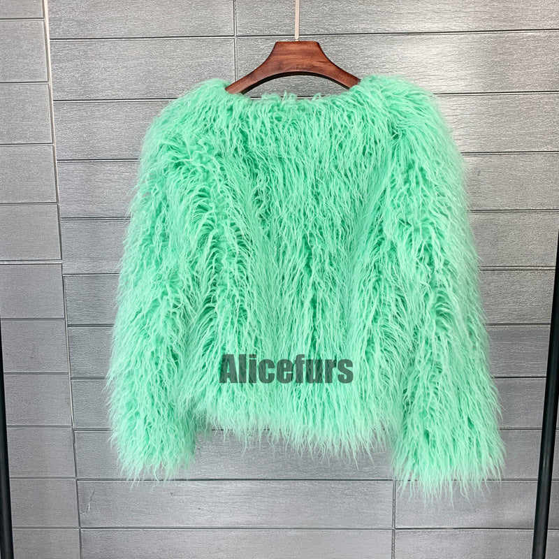 Mongolian Fur Jacket Curly Short Furry Outerwear for Women