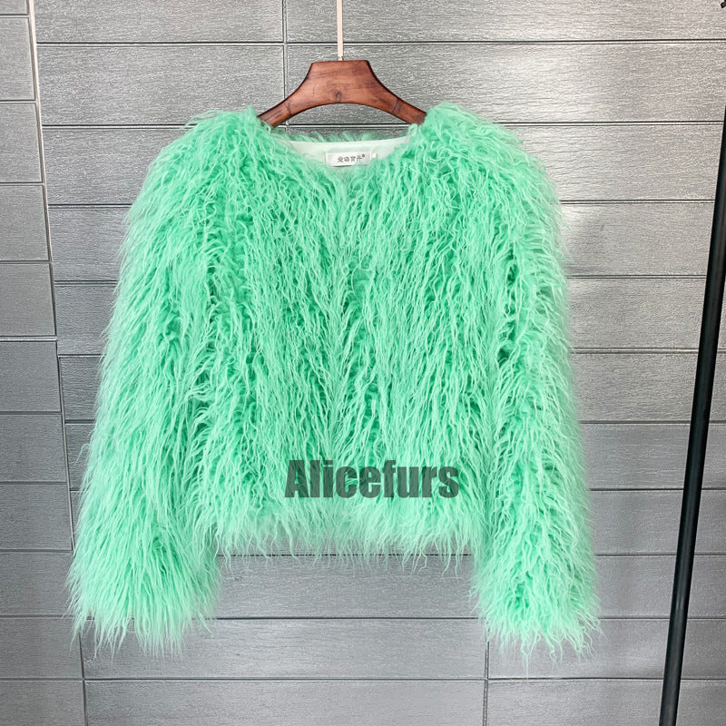 Mongolian Fur Jacket Curly Short Furry Outerwear for Women