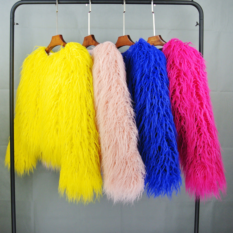 Mongolian Fur Jacket Curly Short Furry Outerwear for Women