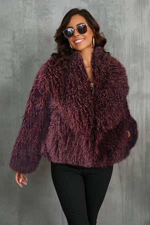 mongolian fur jacket with wide waterfall collar in burgundy Alicefurs