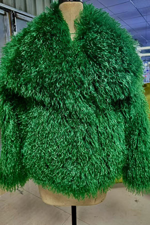mongolian fur jacket with wide waterfall collar in green 1 Alicefurs