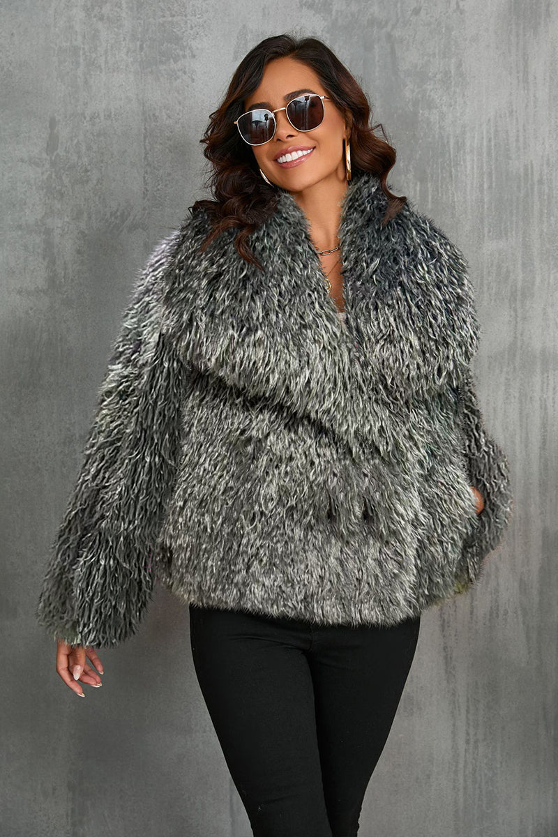 Faux Mongolian Fur Jacket with Wide Waterfall Collar