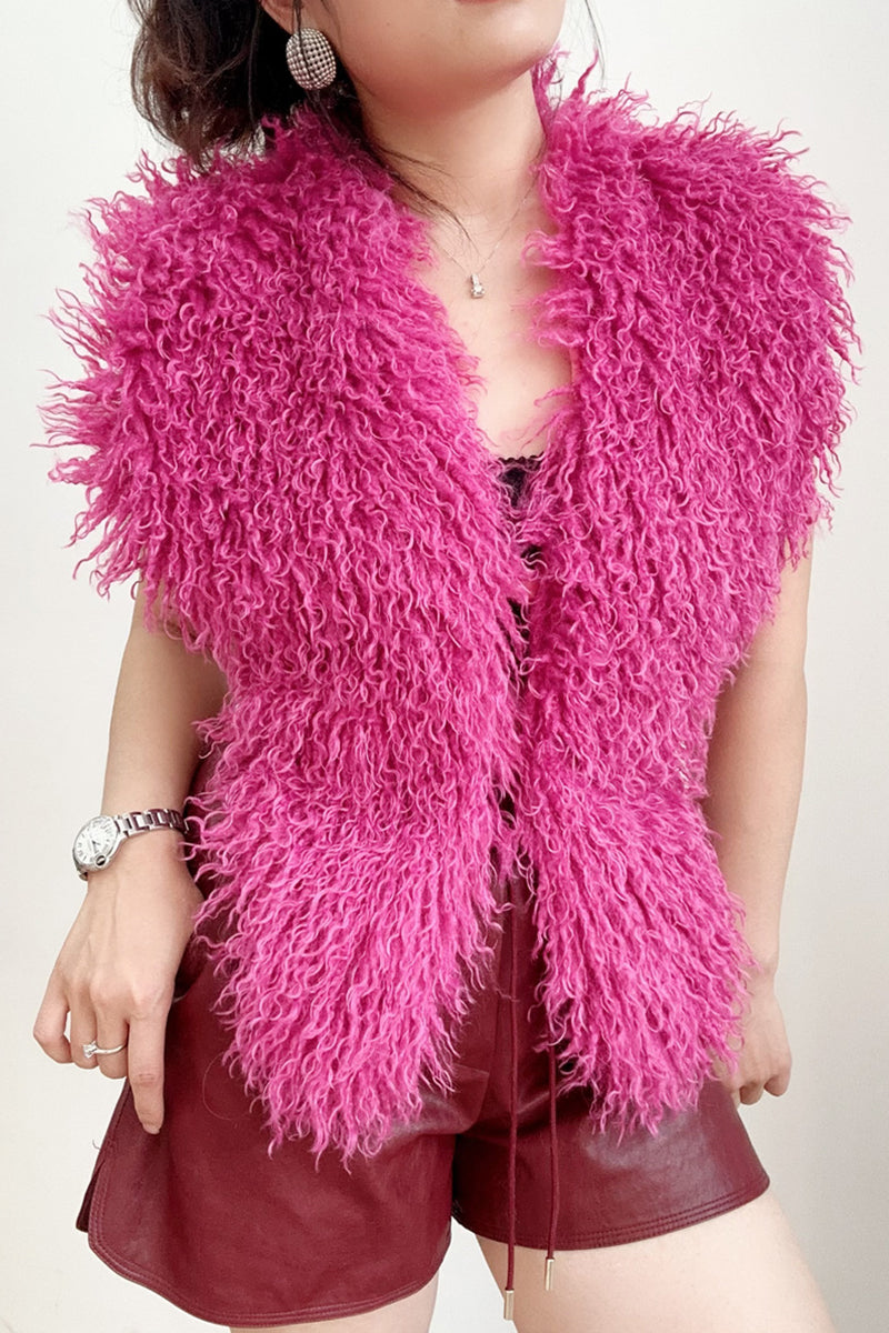 Mongolian Fur Top Shaggy V-Neck Backless Vest for Women