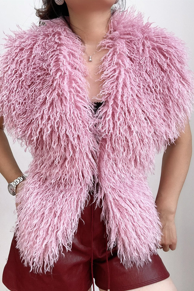 Mongolian Fur Top Shaggy V-Neck Backless Vest for Women