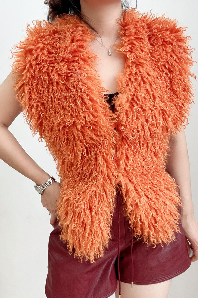 Mongolian Fur Top Shaggy V-Neck Backless Vest for Women