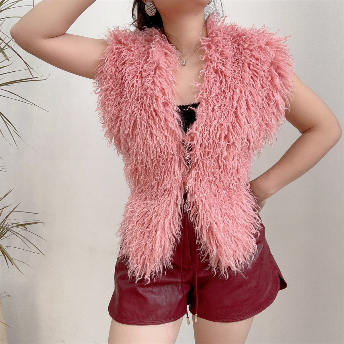 Mongolian Fur Top Shaggy V-Neck Backless Vest for Women