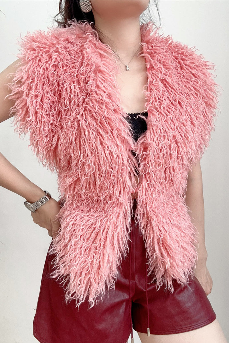 Mongolian Fur Top Shaggy V-Neck Backless Vest for Women