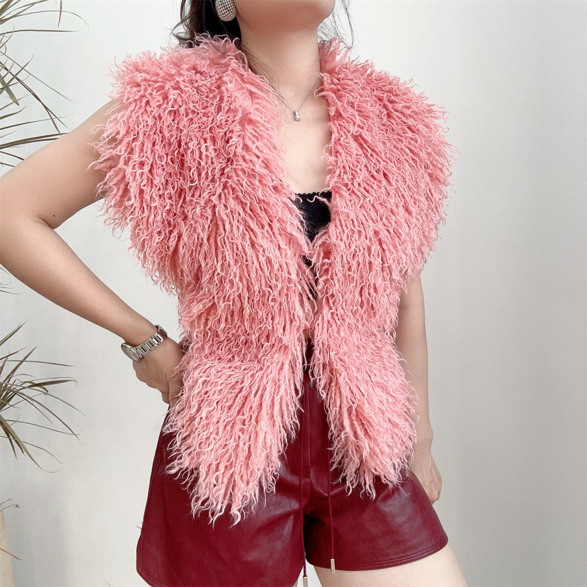Mongolian Fur Top Shaggy V-Neck Backless Vest for Women