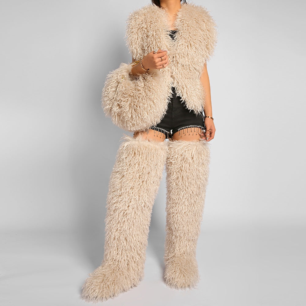 Mongolian Fur Top Thigh Boots Purse 3 Pieces Set for Women