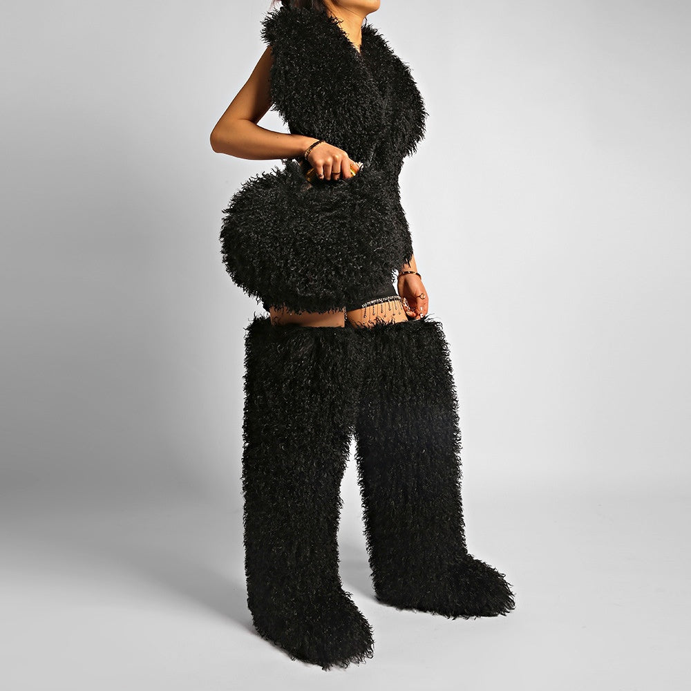 Mongolian Fur Top Thigh Boots Purse 3 Pieces Set for Women