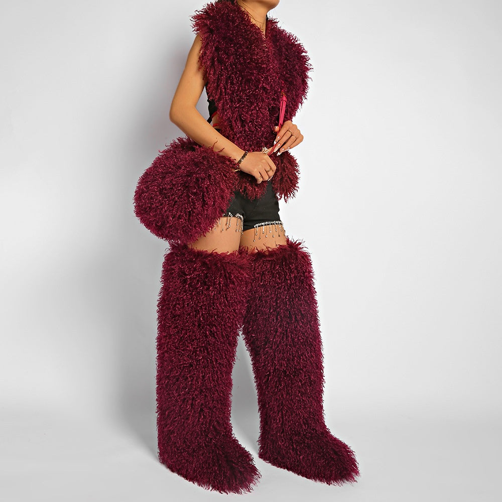 Mongolian Fur Top Thigh Boots Purse 3 Pieces Set for Women