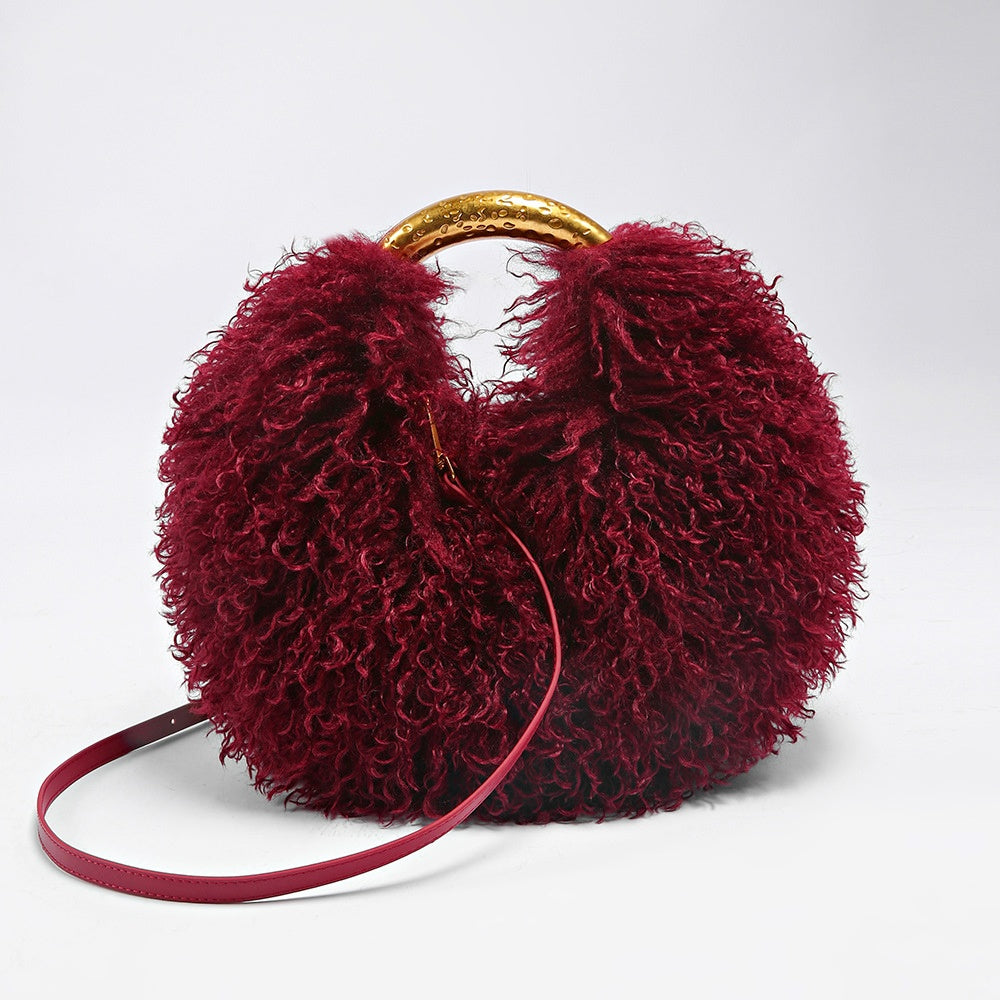 Mongolian Fur Top Thigh Boots Purse 3 Pieces Set for Women