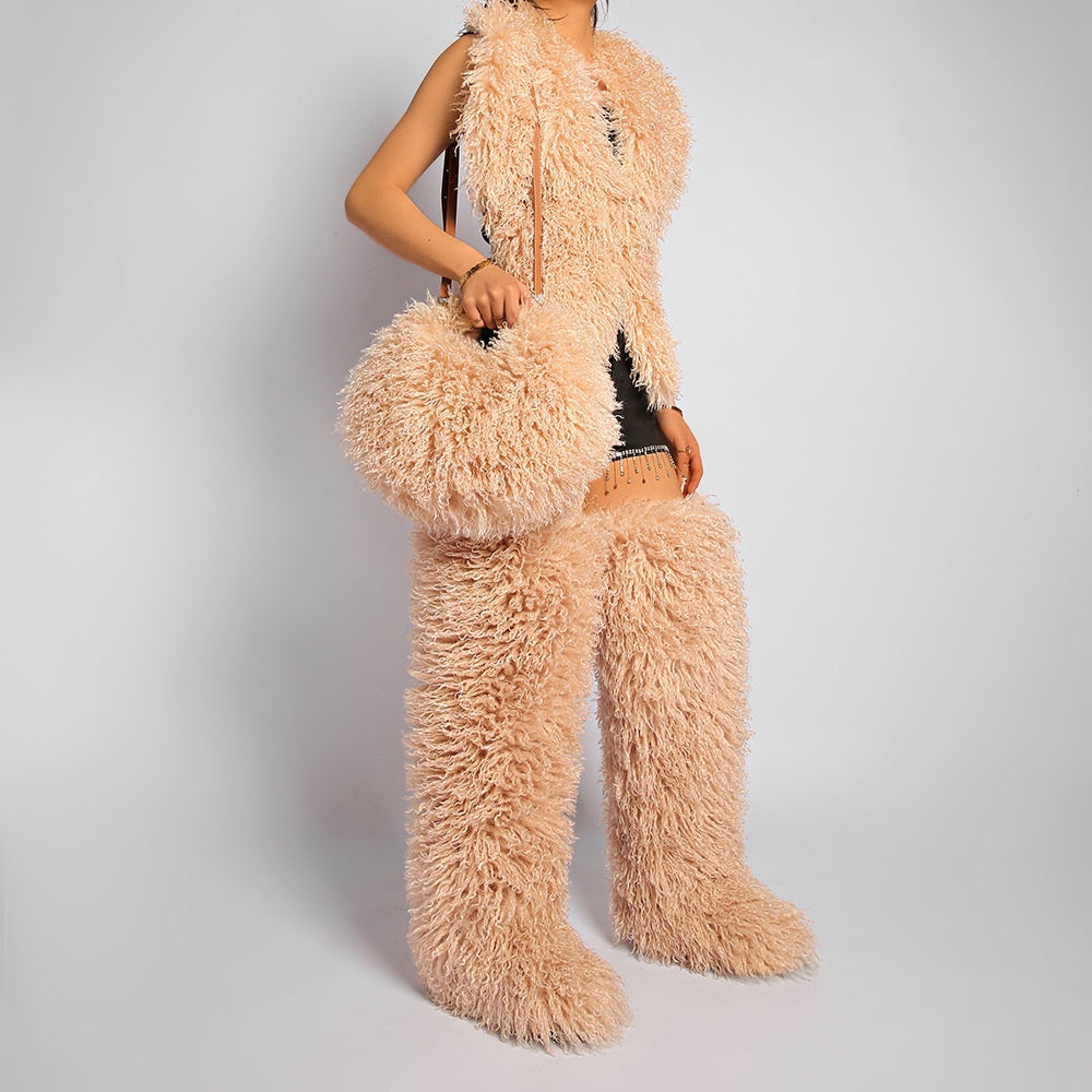 Mongolian Fur Top Thigh Boots Purse 3 Pieces Set for Women