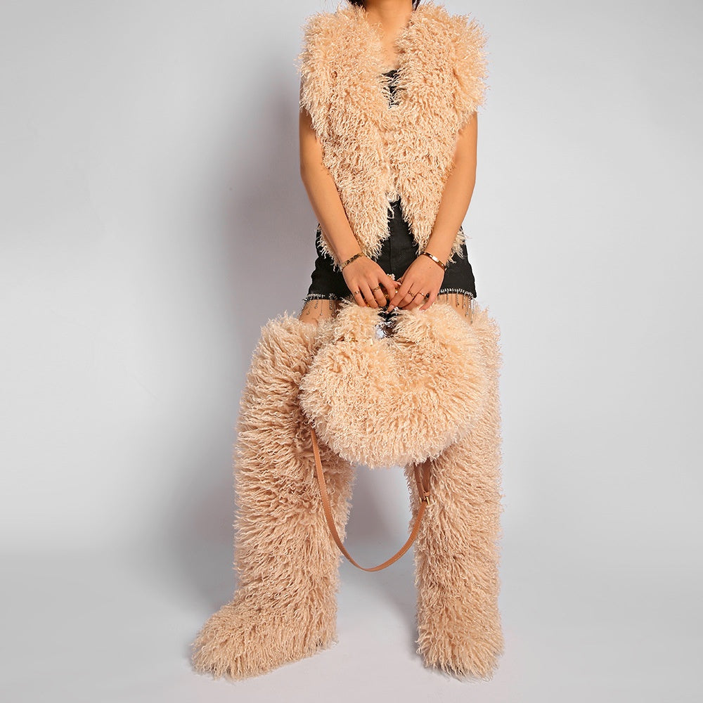 Mongolian Fur Top Thigh Boots Purse 3 Pieces Set for Women