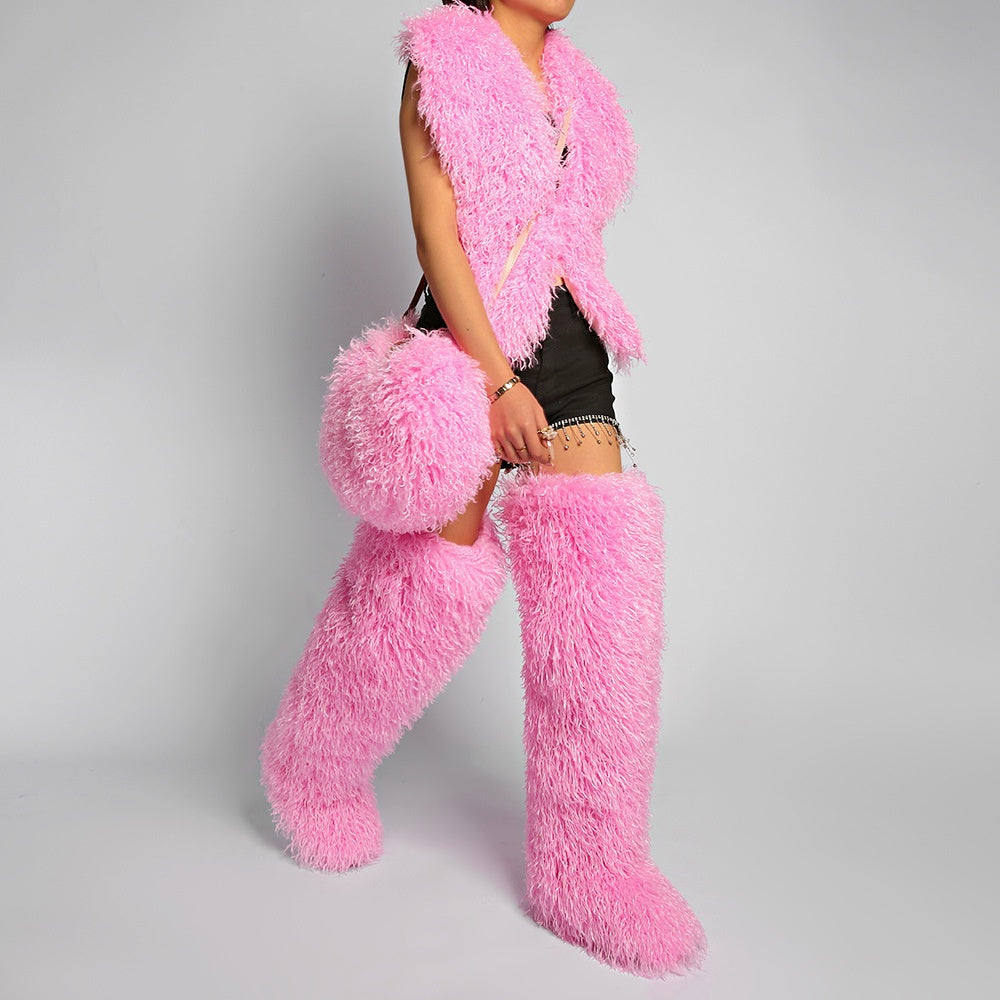 Mongolian Fur Top Thigh Boots Purse 3 Pieces Set for Women