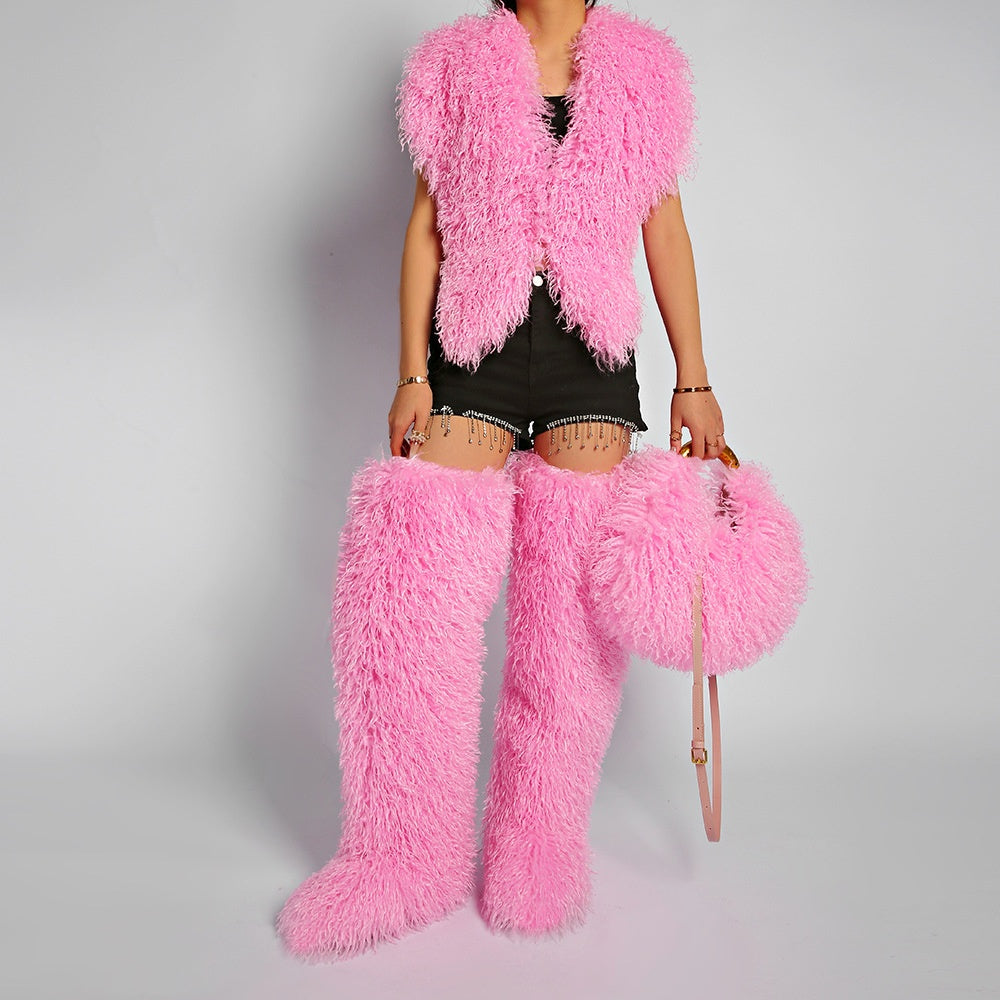 Mongolian Fur Top Thigh Boots Purse 3 Pieces Set for Women