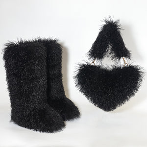 mongolian knee high fur boots and purse holiday matching set for women in black Alicefurs
