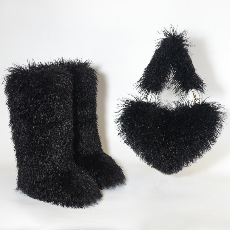Mongolian Knee High Fur Boots and Purse Holiday Matching Set for Women