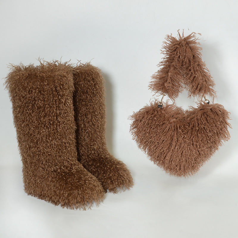 Mongolian Knee High Fur Boots and Purse Holiday Matching Set for Women