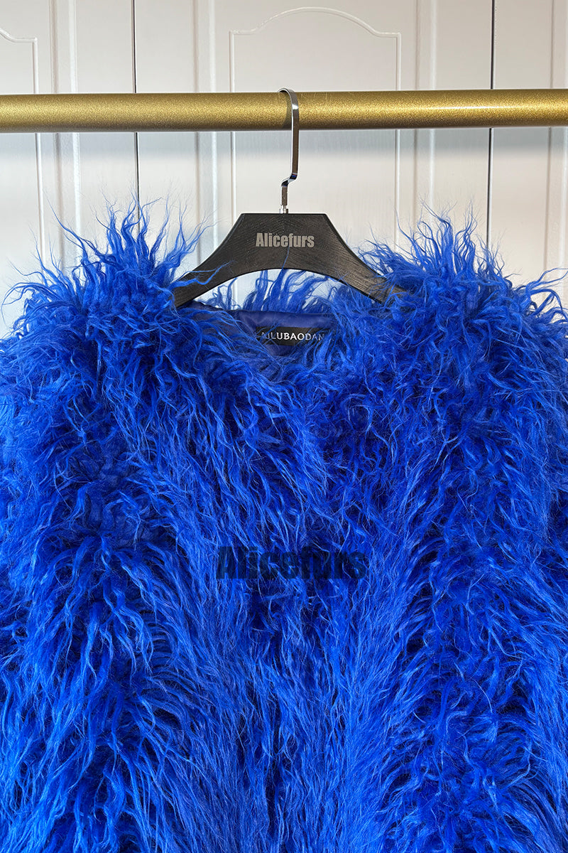 Mongolian Lamb Fur Coat Luxury Shaggy Outerwear for Women