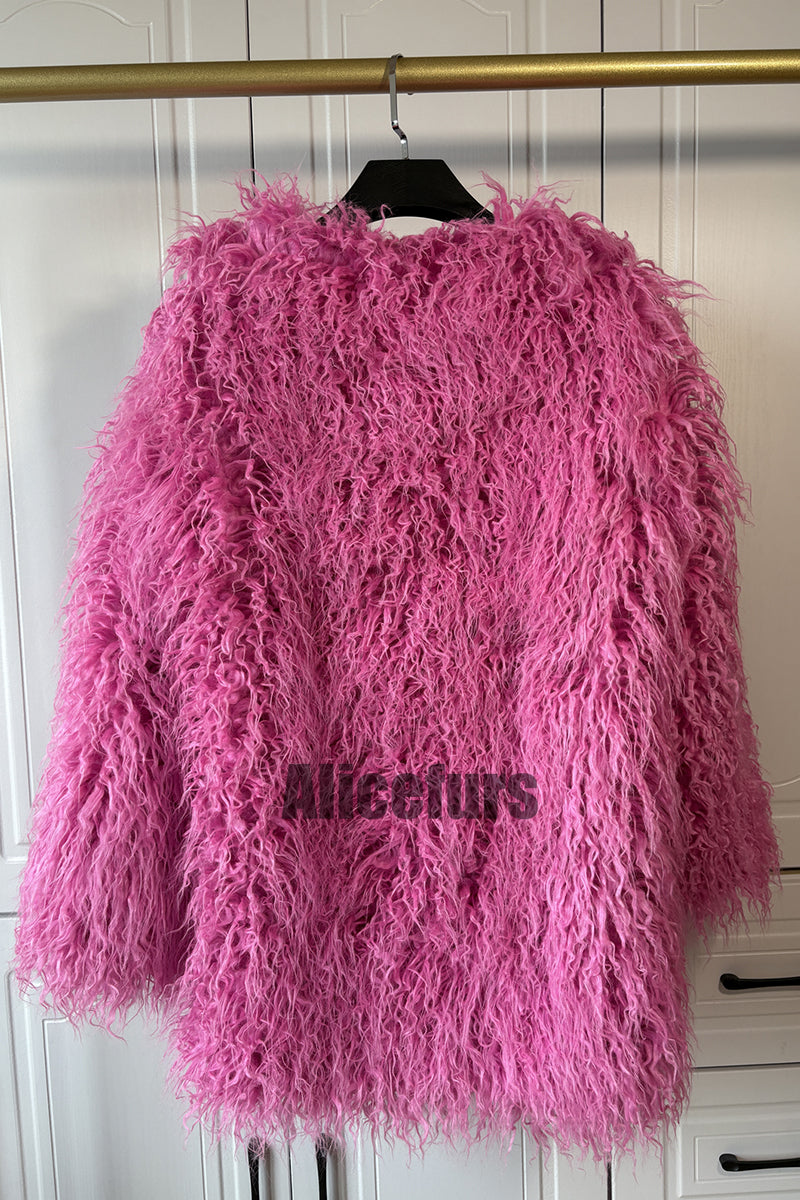 Mongolian Lamb Fur Coat Luxury Shaggy Outerwear for Women