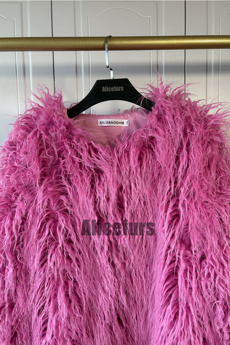Mongolian Lamb Fur Coat Luxury Shaggy Outerwear for Women