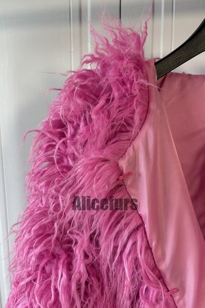 mongolian lamb fur coat luxury shaggy outerwear for women in hot pink 3 Alicefurs