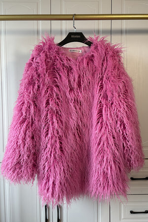 mongolian lamb fur coat luxury shaggy outerwear for women in hot pink Alicefurs