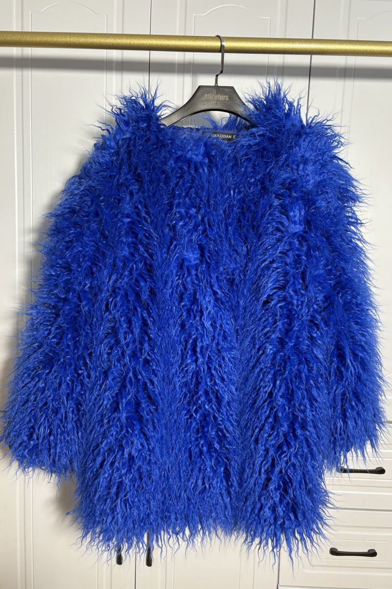 Mongolian Lamb Fur Coat Luxury Shaggy Outerwear for Women