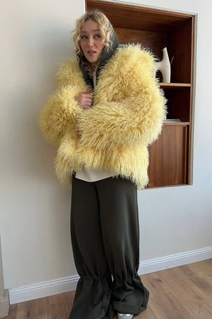 mongolian lamb fur coat short shaggy jacket for women in yellow 3 Alicefurs
