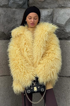 mongolian lamb fur coat short shaggy jacket for women in yellow Alicefurs