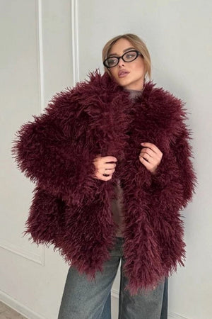 mongolian lamb fur jacket waterfall collar shaggy outerwear for women in burgundy Alicefurs