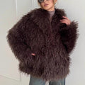 mongolian lamb fur jacket waterfall collar shaggy outerwear for women in chocolate brown Alicefurs
