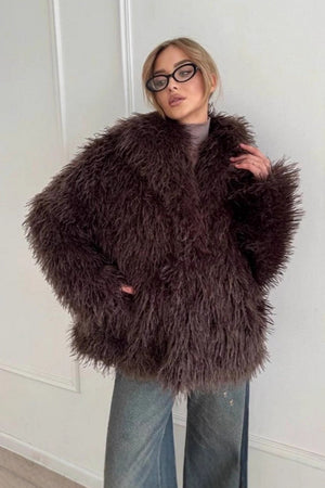 mongolian lamb fur jacket waterfall collar shaggy outerwear for women in chocolate brown Alicefurs