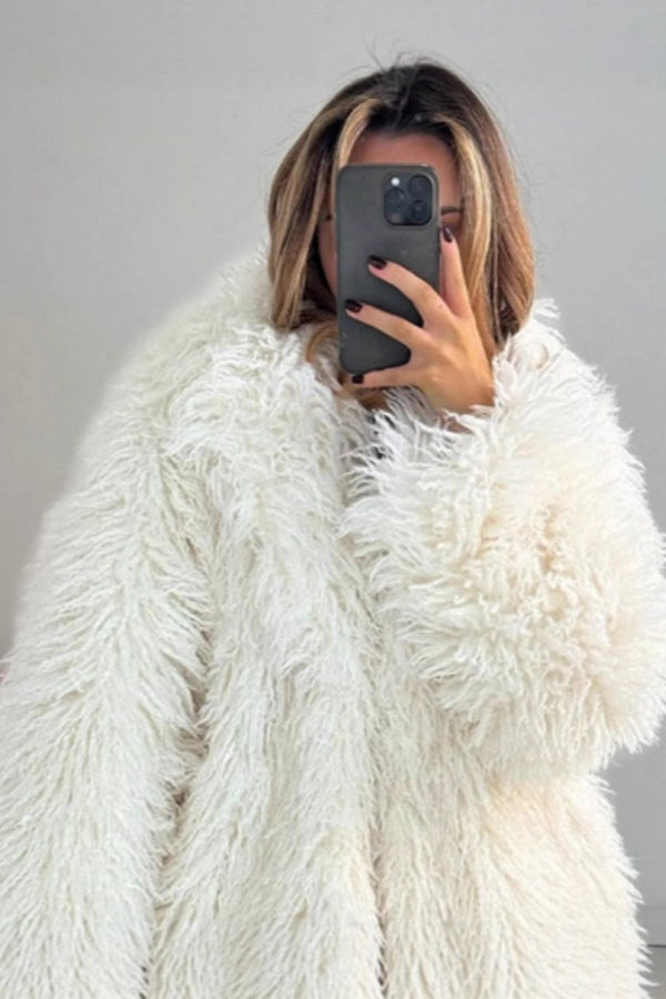 Mongolian Lamb Fur Jacket Waterfall Collar Shaggy Outerwear for Women